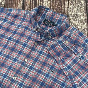 Vineyard Vines Men Slim Red Blue Whale Button Flannel Plaid Long Sleeve 2XL Flaw